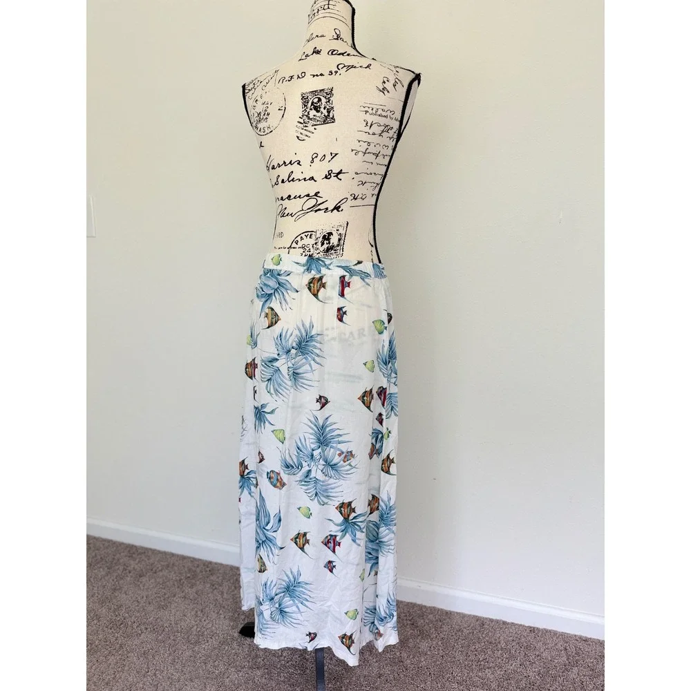 Tropical Fish Palm Print Maxi Skirt White Coastal Beach Elastic Waist Summer Vtg